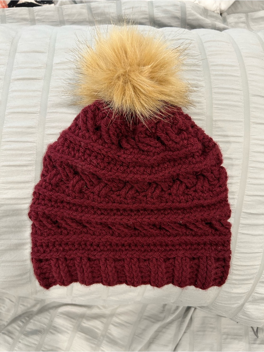 Womans Knit Pom Beanie - Burgundy with Tan Pom